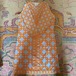 Gretchen Scott Light Blue and Orange Geometric Dress; 3/4 length sleeves